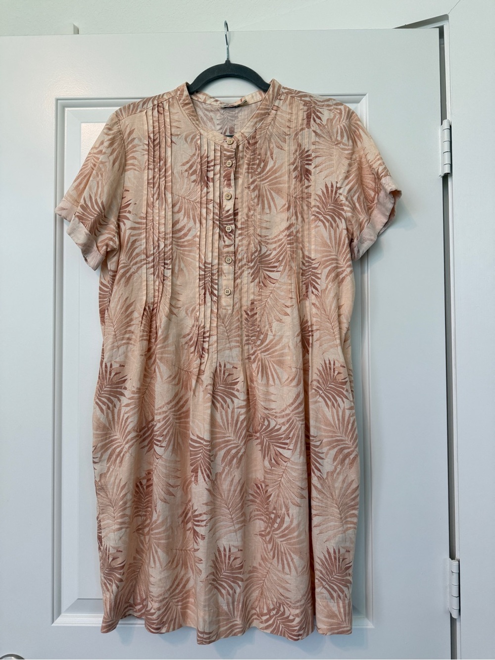 Faherty Germina Peach Blush Palm-Print Short-Sleeve Linen Dress Pockets Medium